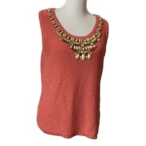 Tank Top Ruby Rd Orange Beaded Front Sz XL Lightweight Cable Knit Sleeveless